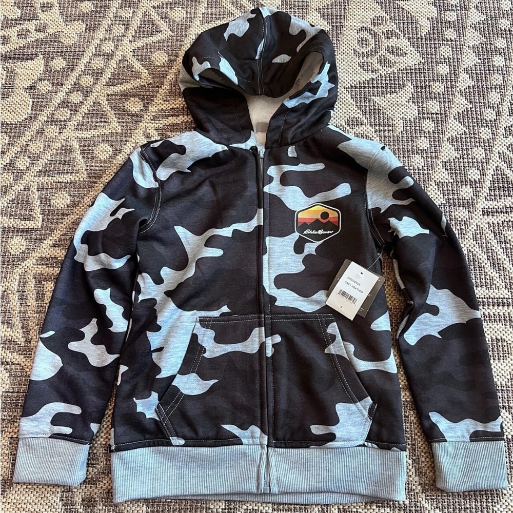 NWT Eddie Bauer Gray Black Camo Faux Fur Zip Up Hoodie Boys Sz Small 8 MSRP $89
